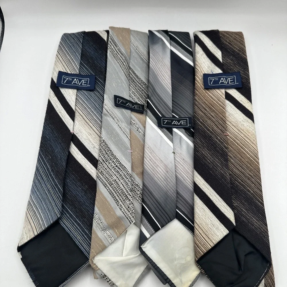 7th Ave Men's Necktie Lot of 4 Striped Brown Gray Black‎ White Dress Ties